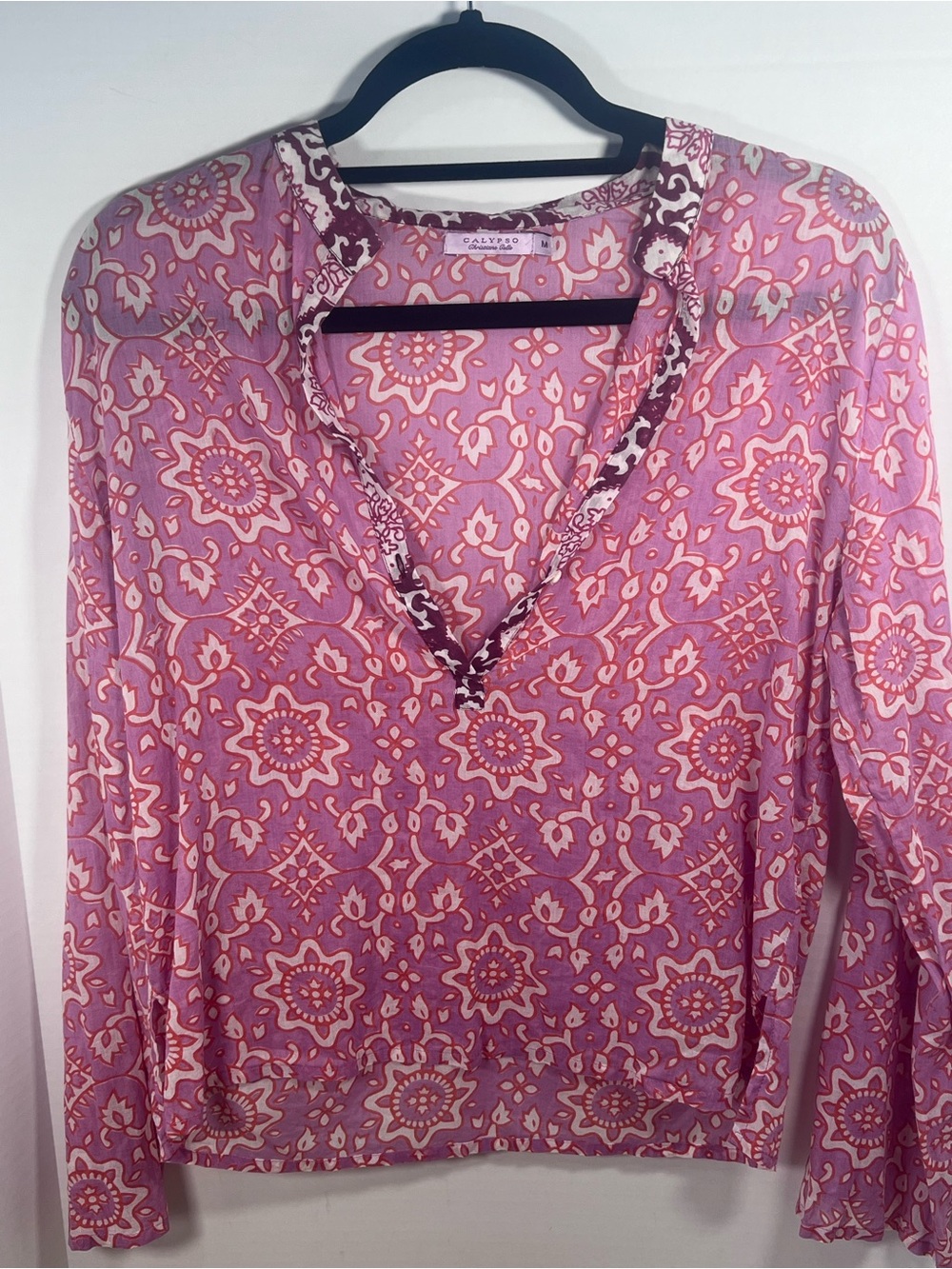 Calypso Pink Floral Medallion V-Neck Long Sleeve Tunic